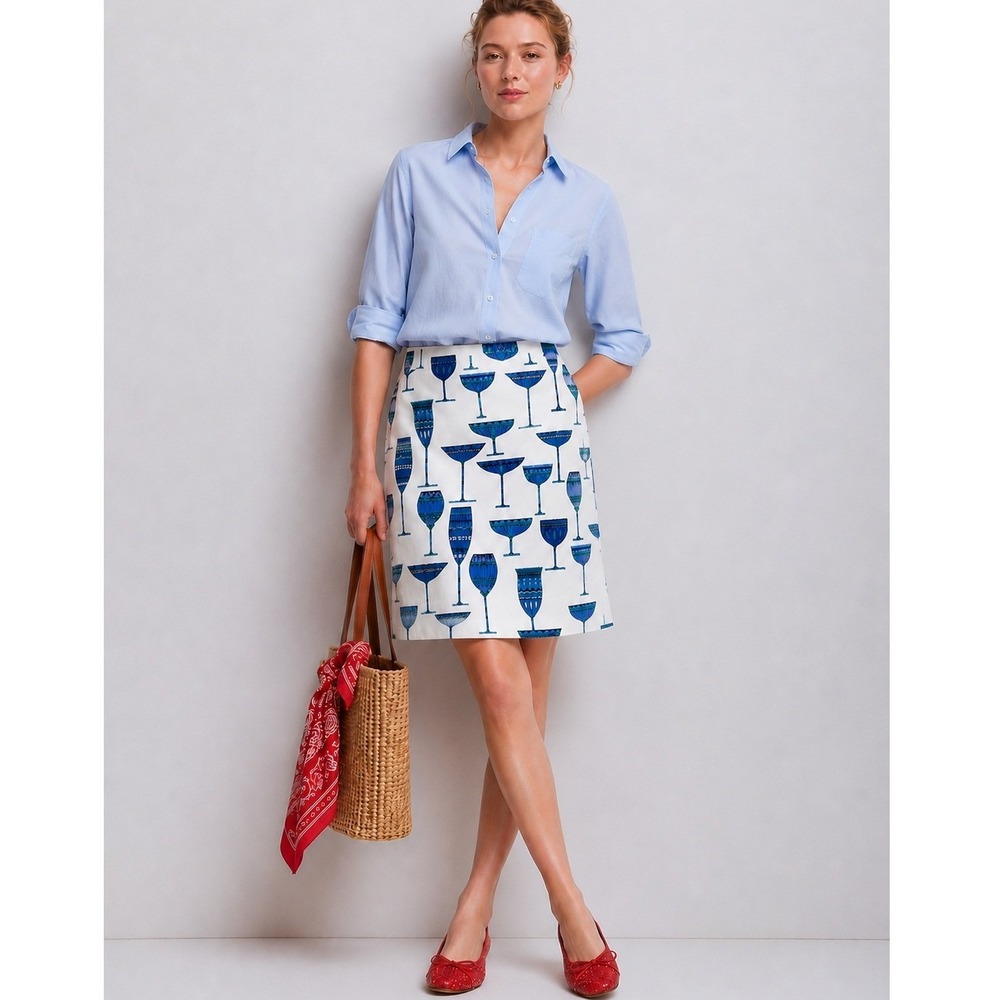 Talbots Petites 6P Novelty Martini Glass Print Skirt Blue White Retro Chic